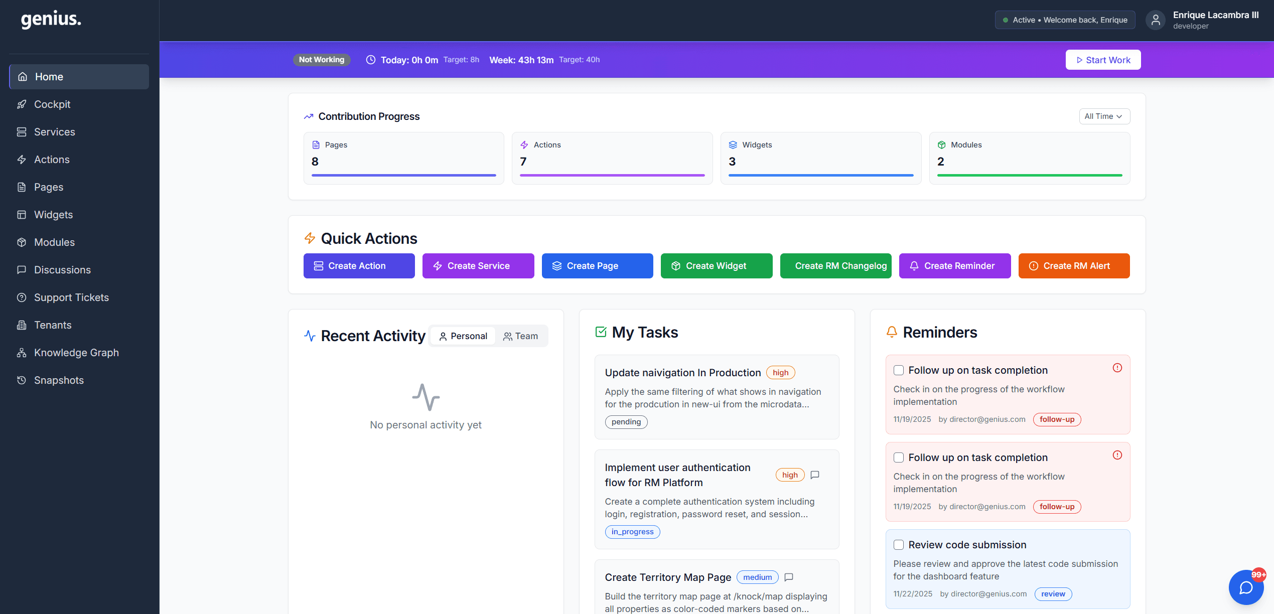 Developer Dashboard - Scoped work view